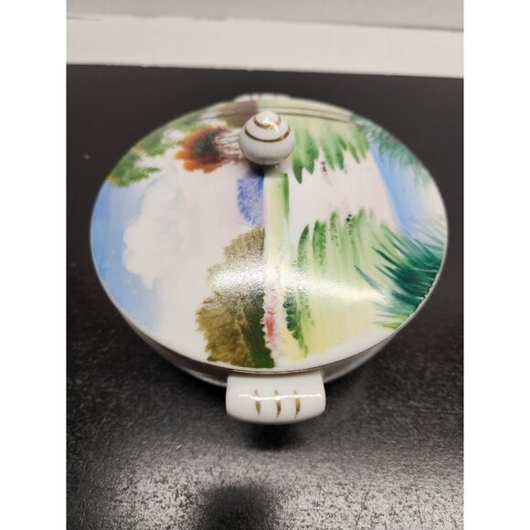 Vintage Hand Painted Porcelain Lidded Bowl With Scenic Landscape Design - Picture 6 of 15